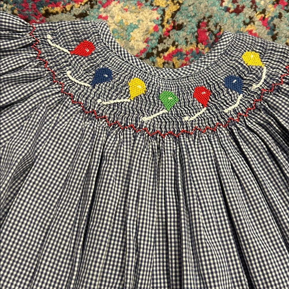 Smocked balloon dress 4T happy birthday blue Gingham k7050 - Picture 2 of 5
